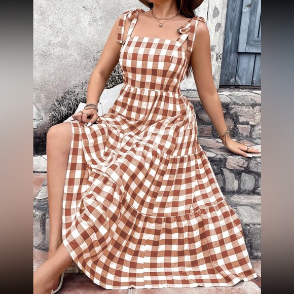 Classic Plus Size Gingham Print Tie Shoulder Smock Tiered Ruffle Hem Cami Dress - Picture 1 of 3